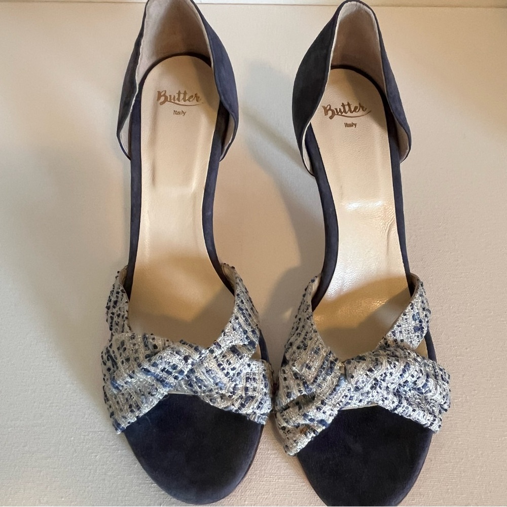 Butter Italy Cloth & Suede High Heel Shoes Open Toe Twist Vero Cuoio Size 9.5
